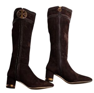 Tory Burch Uma Brown Genuine Suede Knee High Full Zip Trim Riding Boots Sz 7